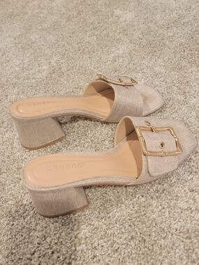 BAMBOO Gold-Buckle Nude Block Heel Mules